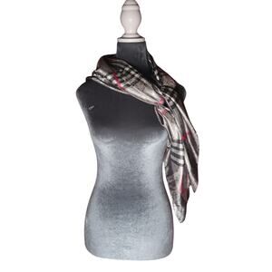 Silver & Pink Plaid Satin Scarf 35" Square Medium EUC Preppy Multifunction